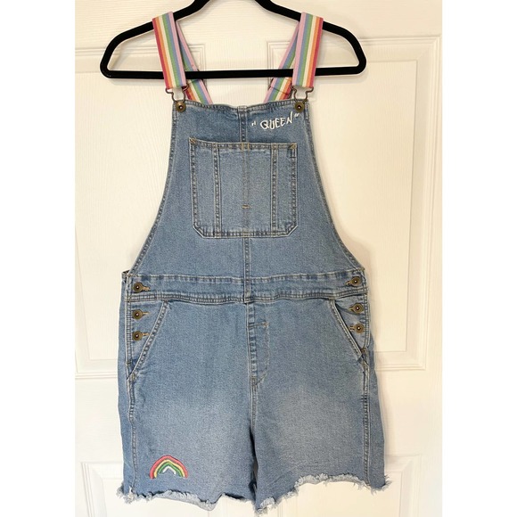 Target Pants - Overall Shorts “Queen” Pride Rainbow Denim cut offs Romper Stretch Fringe Med
